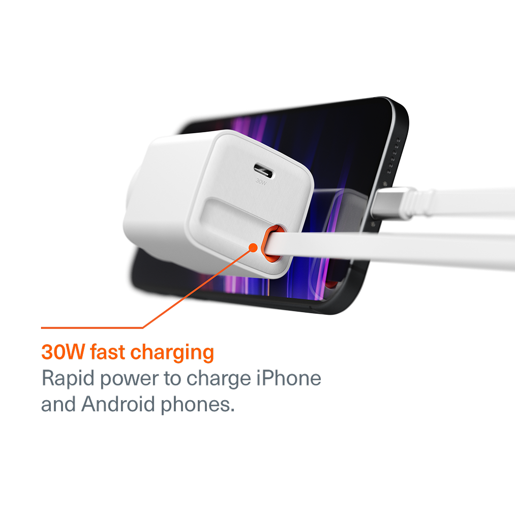 USB-C GaN Wall Charger with Retractable Cable 30W