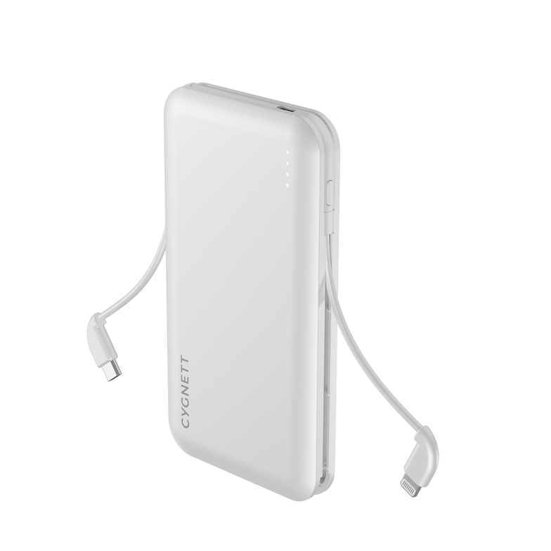 10,000 mAh Power Bank With Integrated Charging Cables White