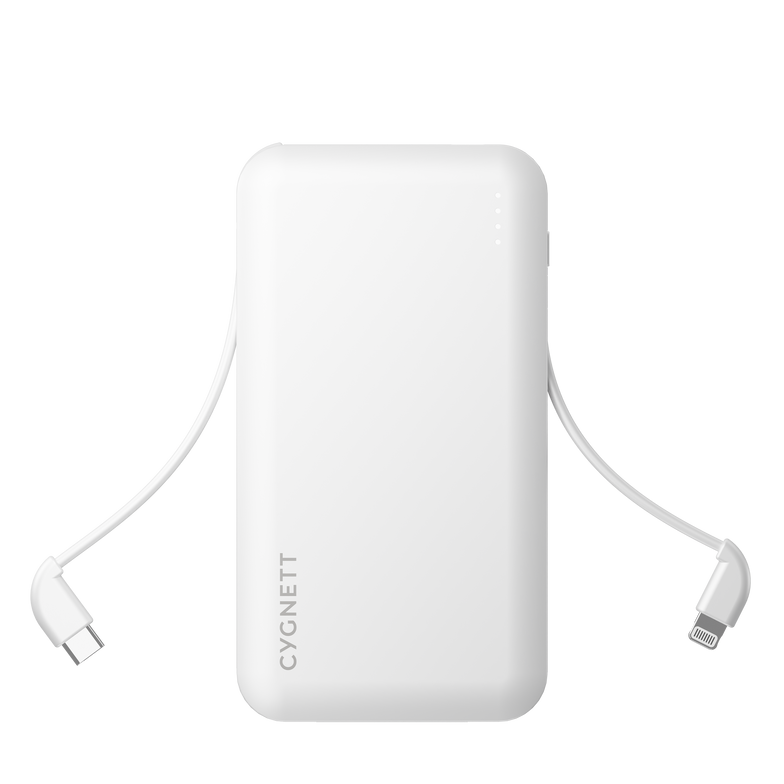 10,000 mAh Power Bank With Integrated Charging Cables - White - Cygnett (AU)