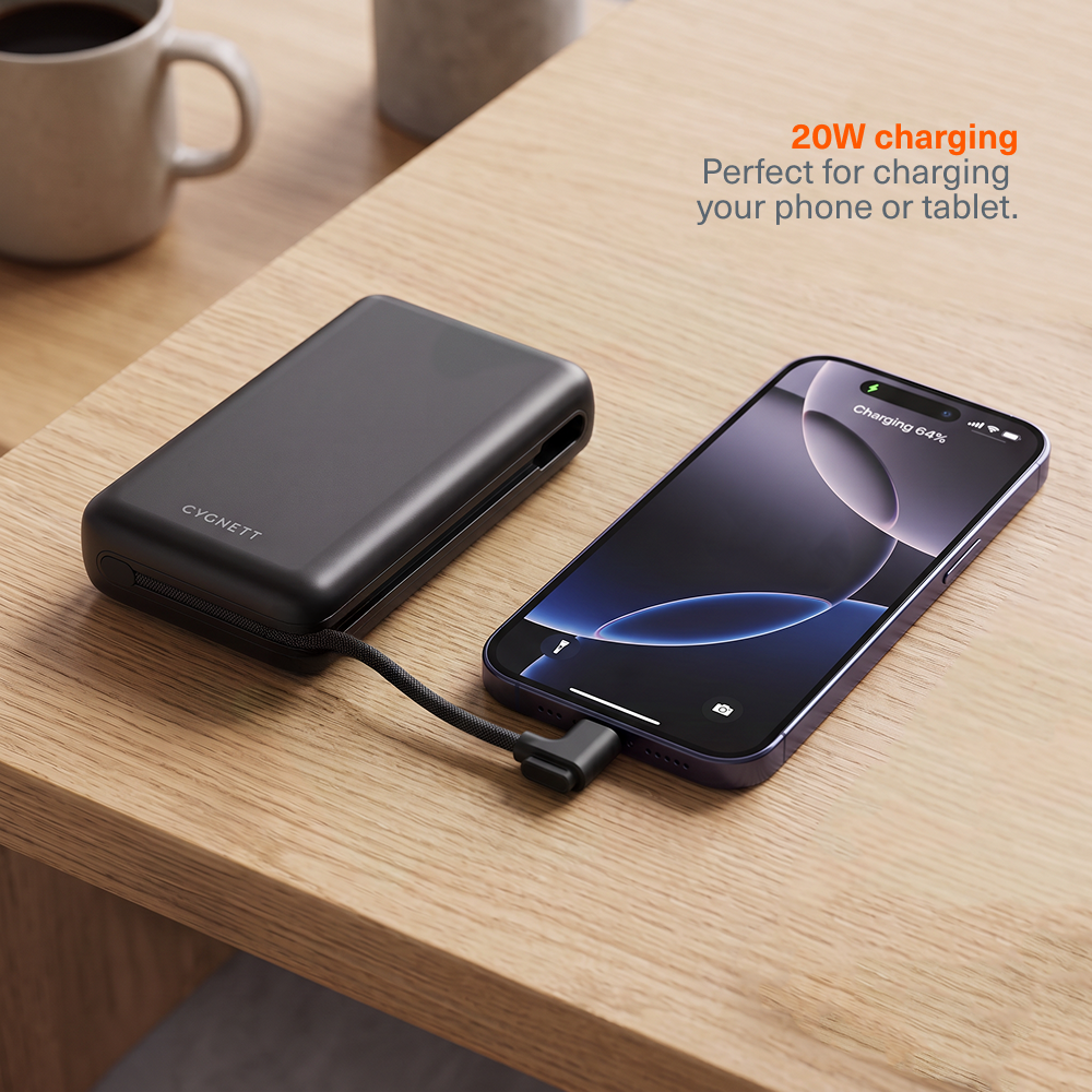 20W Semi-Solid State Power Bank with USB-C Integrated Cable 10K