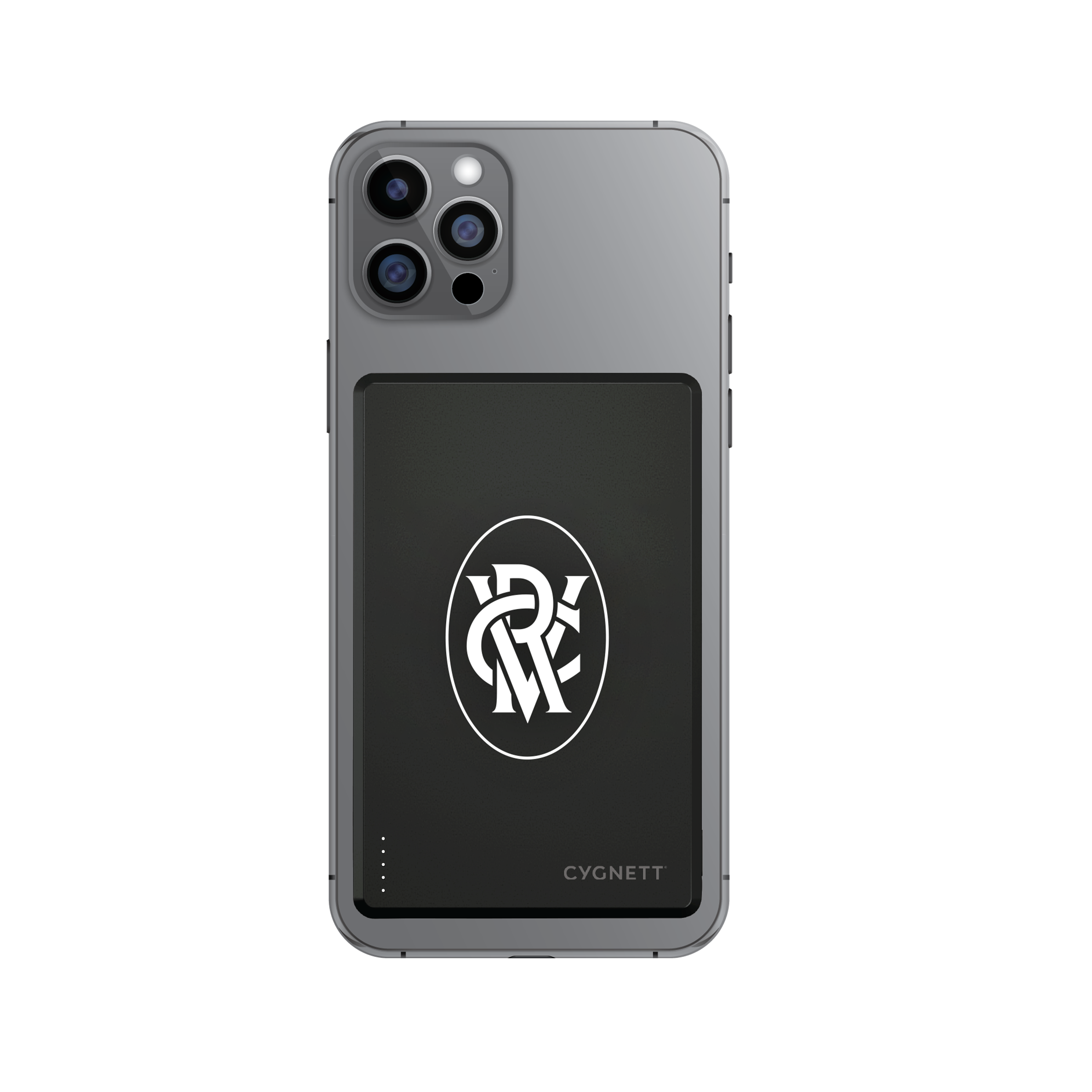 Power Bank magnetised to a phone with Custom VRC logo