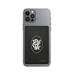 Power Bank magnetised to a phone with Custom VRC logo